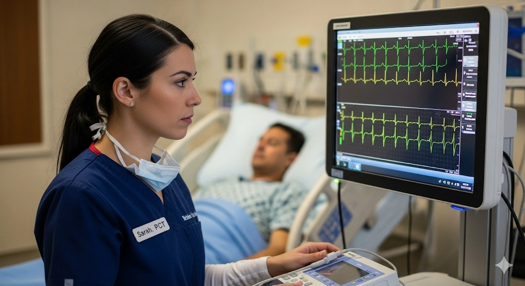 A certified Patient Care Technician monitoring a patient's EKG results.